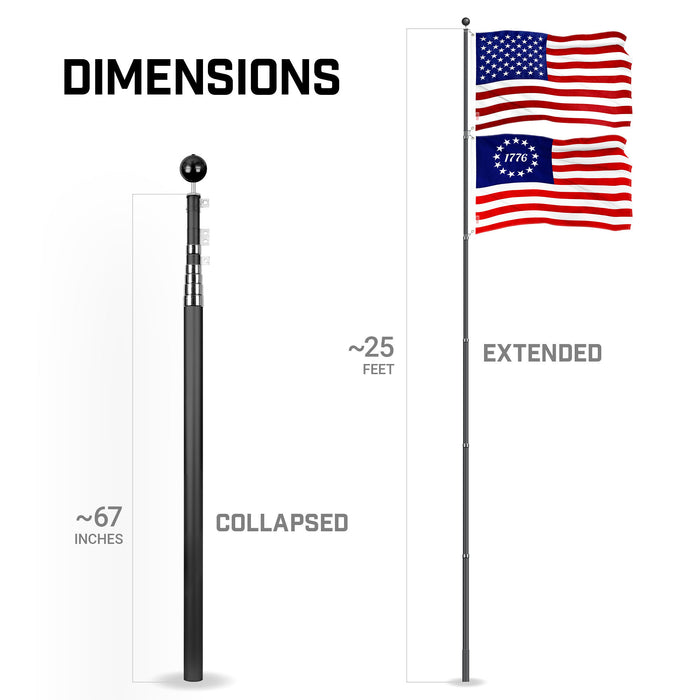 G128 Combo Pack: 25 Ft Telescoping Aluminum Flagpole (Black) & American and Betsy Ross 1776 Flags 3x5 Ft, Both ToughWeave Series Embroidered Polyester | Pole with Flags Included