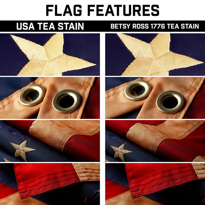 G128 Combo Pack: 25 Ft Telescoping Aluminum Flagpole (Black) & American and Betsy Ross 1776 Tea Stained Flags 3x5 Ft, Both ToughWeave Series Embroidered Polyester | Pole with Flags Included