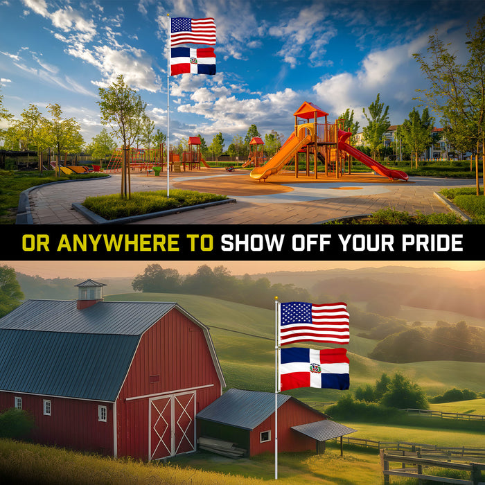 G128 Combo Pack: 25 Ft Telescoping Aluminum Flagpole (Silver) & American and Dominican Republic Flags 3x5 Ft, Both ToughWeave Series Embroidered Polyester | Pole with Flags Included