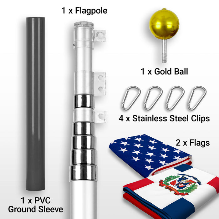 G128 Combo Pack: 25 Ft Telescoping Aluminum Flagpole (Silver) & American and Dominican Republic Flags 3x5 Ft, Both ToughWeave Series Embroidered Polyester | Pole with Flags Included