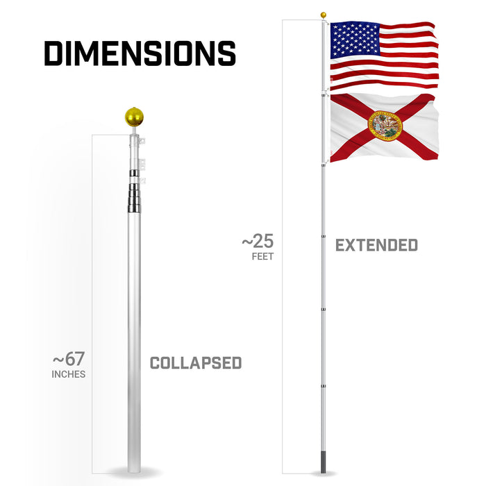 G128 Combo Pack: 25 Ft Telescoping Aluminum Flagpole (Silver) & American and Florida Flags 3x5 Ft, Both ToughWeave Series Embroidered Polyester | Pole with Flags Included
