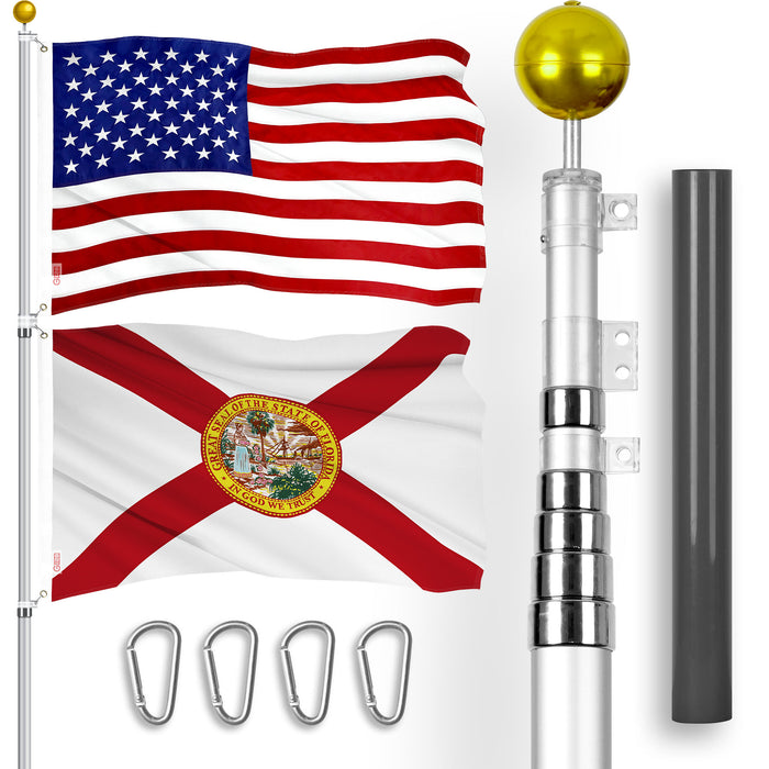 G128 Combo Pack: 25 Ft Telescoping Aluminum Flagpole (Silver) & American and Florida Flags 3x5 Ft, Both ToughWeave Series Embroidered Polyester | Pole with Flags Included