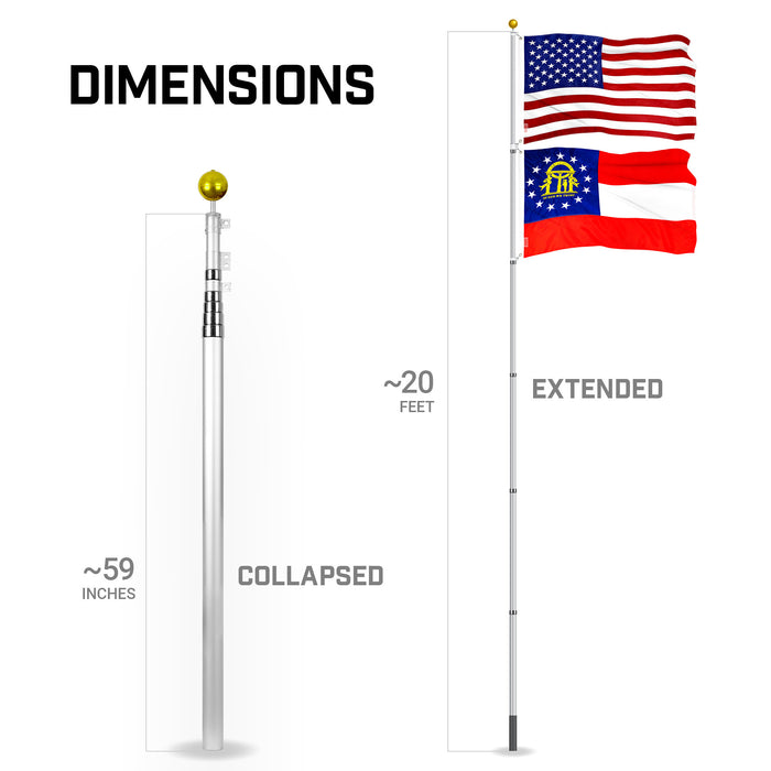 G128 Combo Pack: 20 Ft Telescoping Aluminum Flagpole (Silver) & American and Georgia Flags 3x5 Ft, Both ToughWeave Series Embroidered Polyester | Pole with Flags Included