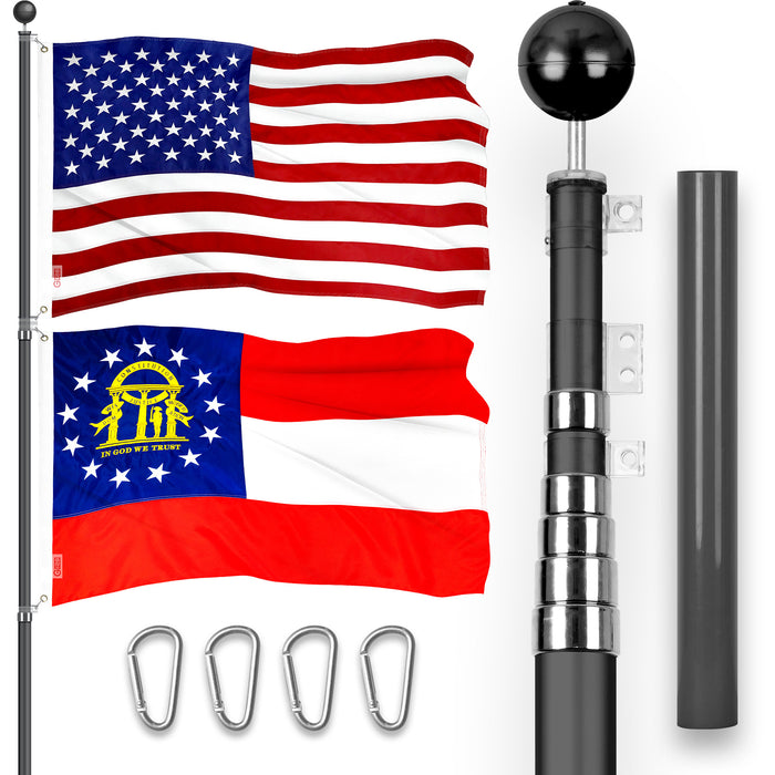 G128 Combo Pack: 25 Ft Telescoping Aluminum Flagpole (Black) & American and Georgia Flags 3x5 Ft, Both ToughWeave Series Embroidered Polyester | Pole with Flags Included