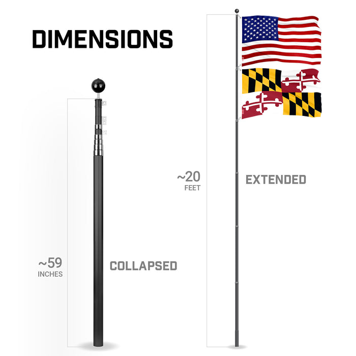 G128 Combo Pack: 20 Ft Telescoping Aluminum Flagpole (Black) & American and Maryland Flags 3x5 Ft, Both ToughWeave Series Embroidered Polyester | Pole with Flags Included