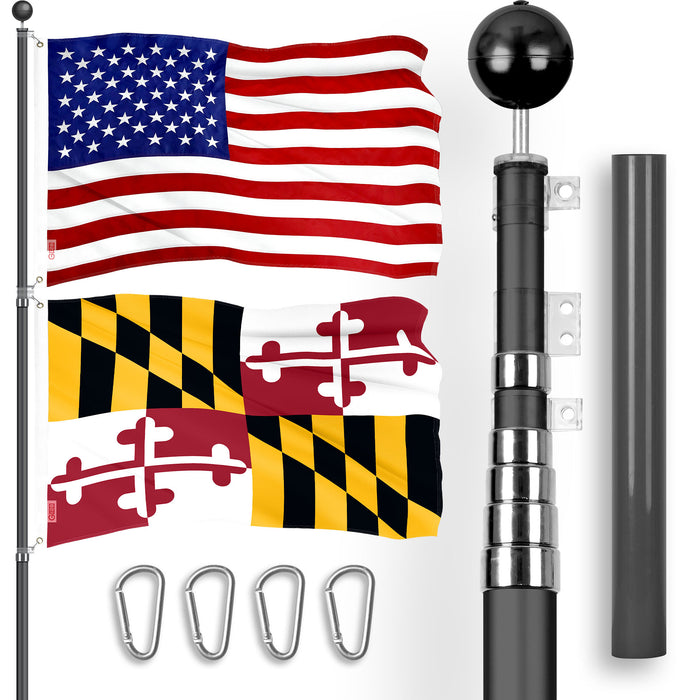 G128 Combo Pack: 20 Ft Telescoping Aluminum Flagpole (Black) & American and Maryland Flags 3x5 Ft, Both ToughWeave Series Embroidered Polyester | Pole with Flags Included