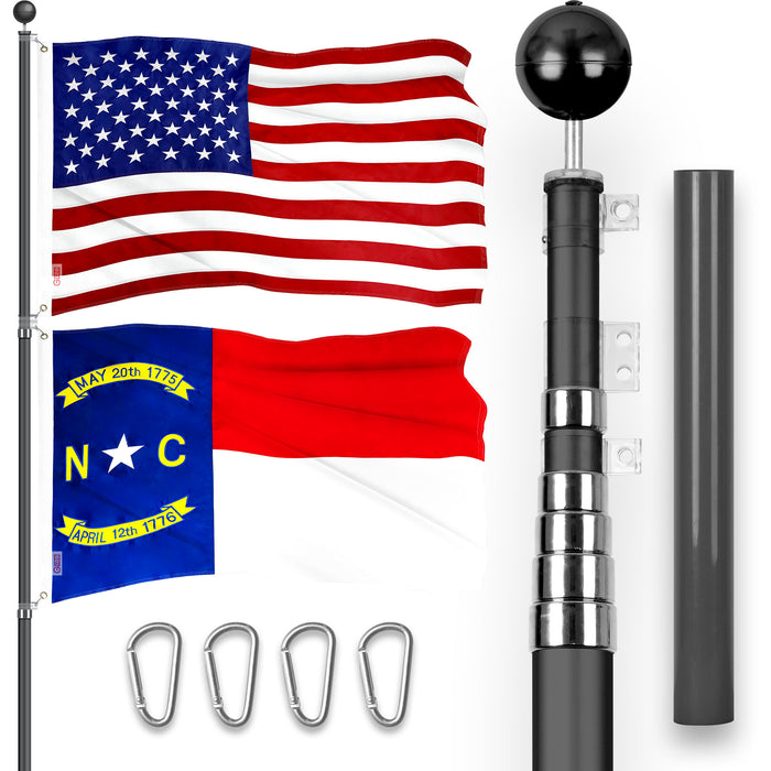 G128 Combo Pack: 20 Ft Telescoping Aluminum Flagpole (Black) & American and North Carolina Flags 3x5 Ft, Both ToughWeave Series Embroidered Polyester | Pole with Flags Included
