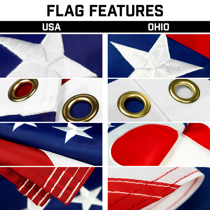 G128 Combo Pack: 25 Ft Telescoping Aluminum Flagpole (Black) & American and Ohio Flags 3x5 Ft, Both ToughWeave Series Embroidered Polyester | Pole with Flags Included