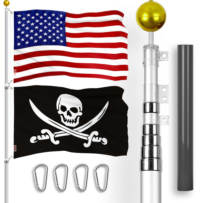G128 Combo Pack: 25 Ft Telescoping Aluminum Flagpole (Silver) & American and Pirate Jolly Roger Swords Flags 3x5 Ft, Both ToughWeave Series Embroidered Polyester | Pole with Flags Included