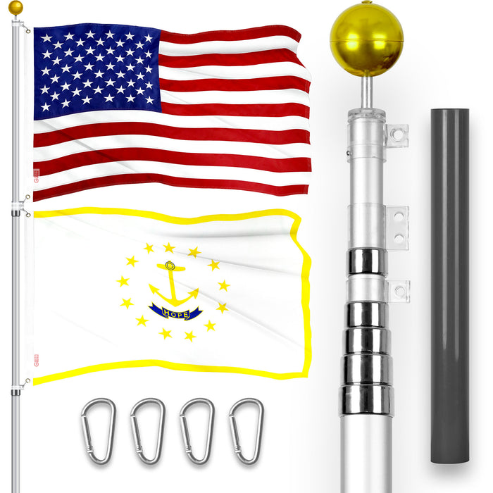 G128 Combo Pack: 20 Ft Telescoping Aluminum Flagpole (Silver) & American and Rhode Island Flags 3x5 Ft, Both ToughWeave Series Embroidered Polyester | Pole with Flags Included