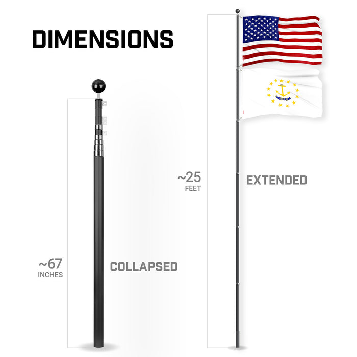 G128 Combo Pack: 25 Ft Telescoping Aluminum Flagpole (Black) & American and Rhode Island No Golden Border Flags 3x5 Ft, Both ToughWeave Series Embroidered Polyester | Pole with Flags Included