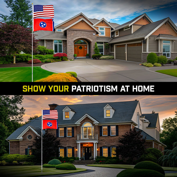 G128 Combo Pack: 25 Ft Telescoping Aluminum Flagpole (Silver) & American and Tennessee Flags 3x5 Ft, Both ToughWeave Series Embroidered Polyester | Pole with Flags Included