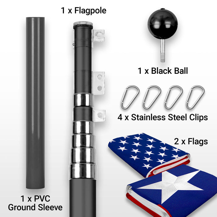G128 Combo Pack: 20 Ft Telescoping Aluminum Flagpole (Black) & American and Texas Flags 3x5 Ft, Both ToughWeave Series Embroidered Polyester | Pole with Flags Included