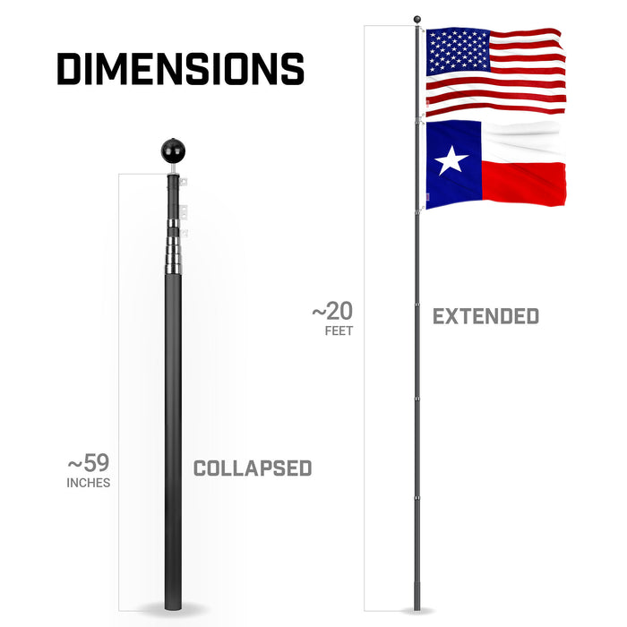 G128 Combo Pack: 20 Ft Telescoping Aluminum Flagpole (Black) & American and Texas Flags 3x5 Ft, Both ToughWeave Series Embroidered Polyester | Pole with Flags Included