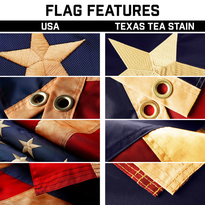 G128 Combo Pack: 25 Ft Telescoping Aluminum Flagpole (Black) & American and Texas Tea Stained Flags 3x5 Ft, Both ToughWeave Series Embroidered Polyester | Pole with Flags Included