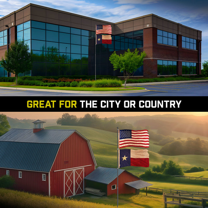 G128 Combo Pack: 25 Ft Telescoping Aluminum Flagpole (Black) & American and Texas Tea Stained Flags 3x5 Ft, Both ToughWeave Series Embroidered Polyester | Pole with Flags Included