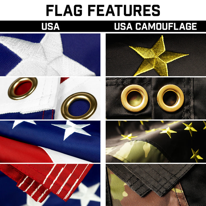 G128 Combo Pack: 25 Ft Telescoping Aluminum Flagpole (Black) & American and USA Camouflage Flags 3x5 Ft, Both ToughWeave Series Embroidered Polyester | Pole with Flags Included