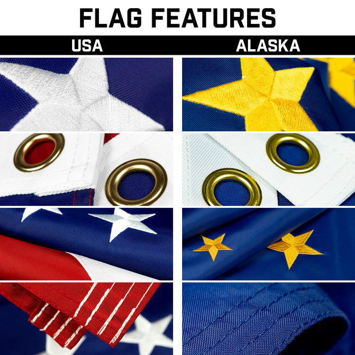 G128 Combo Pack: 25 Ft Telescoping Aluminum Flagpole (Black) & American and Alaska Flags 3x5 Ft, Both ToughWeave Series Embroidered Polyester | Pole with Flags Included