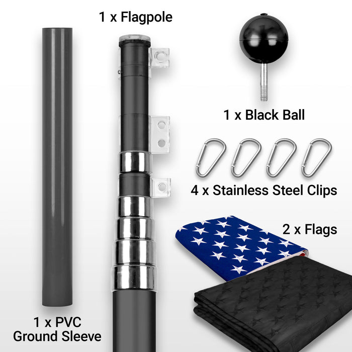 G128 Combo Pack: 25 Ft Telescoping Aluminum Flagpole (Black) & American and All Black USA Flags 3x5 Ft, Both ToughWeave Series Embroidered Polyester | Pole with Flags Included