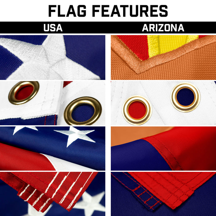 G128 Combo Pack: 20 Ft Telescoping Aluminum Flagpole (Silver) & American and Arizona Flags 3x5 Ft, Both ToughWeave Series Embroidered Polyester | Pole with Flags Included