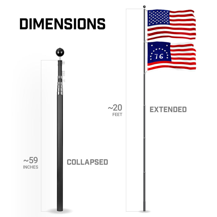 G128 Combo Pack: 20 Ft Telescoping Aluminum Flagpole (Black) & American and Bennington Flags 3x5 Ft, Both ToughWeave Series Embroidered Polyester | Pole with Flags Included