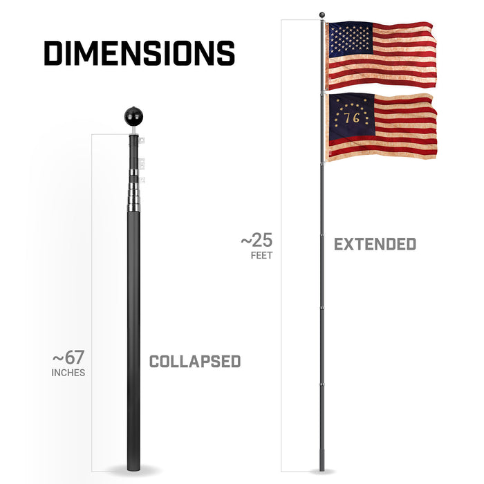 G128 Combo Pack: 25 Ft Telescoping Aluminum Flagpole (Black) & American and Bennington Tea Stained Flags 3x5 Ft, Both ToughWeave Series Embroidered Polyester | Pole with Flags Included