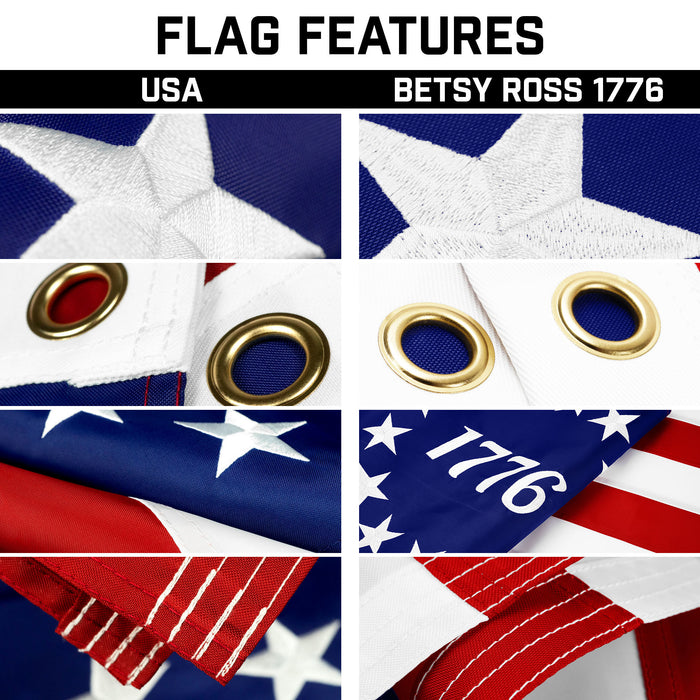 G128 Combo Pack: 25 Ft Telescoping Aluminum Flagpole (Black) & American and Betsy Ross 1776 Flags 3x5 Ft, Both ToughWeave Series Embroidered Polyester | Pole with Flags Included