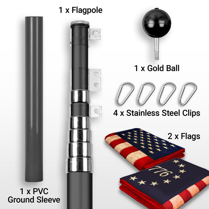 G128 Combo Pack: 25 Ft Telescoping Aluminum Flagpole (Black) & American and Betsy Ross 1776 Tea Stained Flags 3x5 Ft, Both ToughWeave Series Embroidered Polyester | Pole with Flags Included