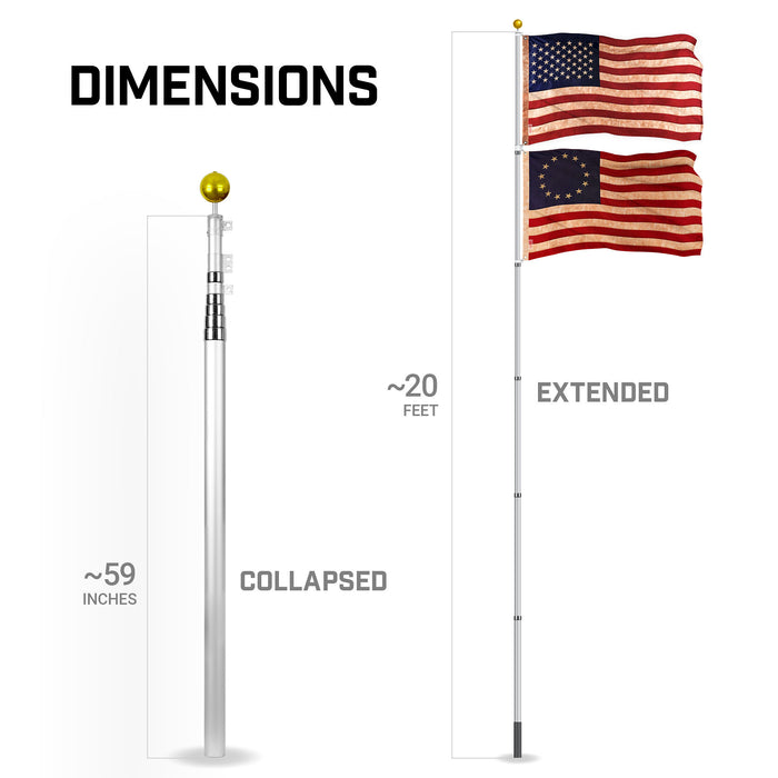 G128 Combo Pack: 20 Ft Telescoping Aluminum Flagpole (Silver) & American and Betsy Ross Tea Stained Flags 3x5 Ft, Both ToughWeave Series Embroidered Polyester | Pole with Flags Included