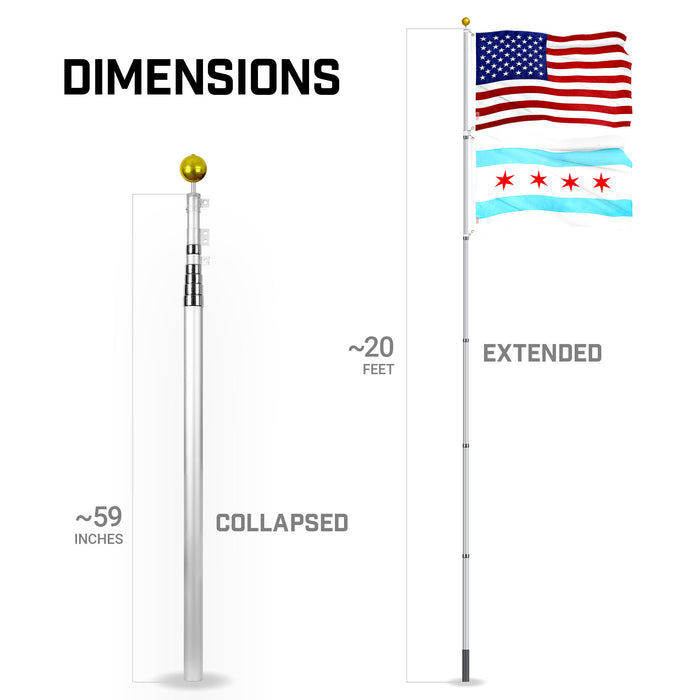 G128 Combo Pack: 20 Ft Telescoping Aluminum Flagpole (Silver) & American and Chicago  3x5 Ft, Both ToughWeave Series Embroidered Polyester | Pole with Flags Included
