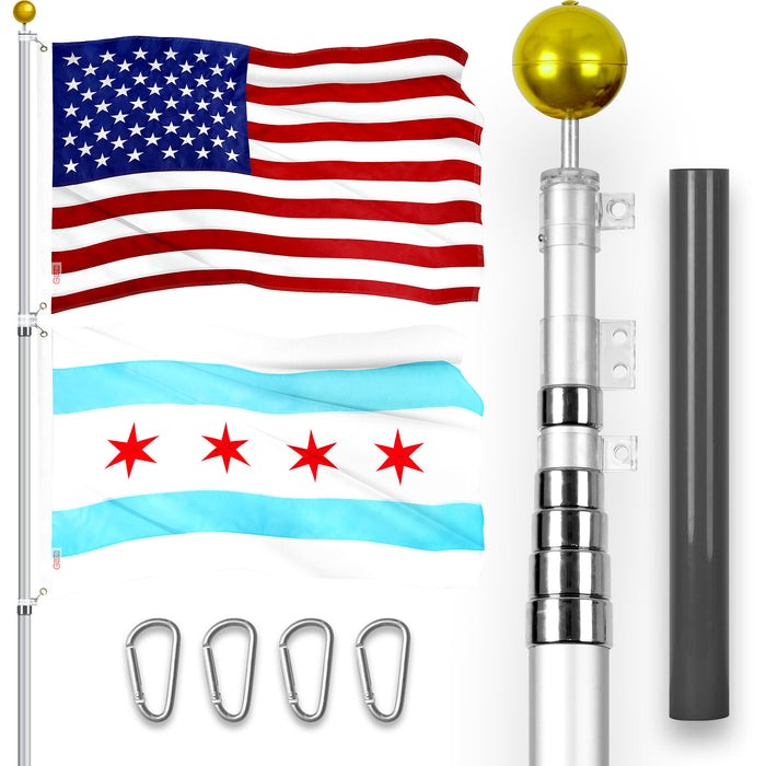 G128 Combo Pack: 20 Ft Telescoping Aluminum Flagpole (Silver) & American and Chicago  3x5 Ft, Both ToughWeave Series Embroidered Polyester | Pole with Flags Included