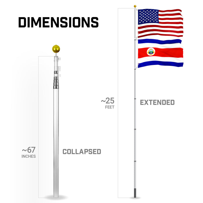 G128 Combo Pack: 25 Ft Telescoping Aluminum Flagpole (Silver) & American and Costa Rica Flags 3x5 Ft, Both ToughWeave Series Embroidered Polyester | Pole with Flags Included