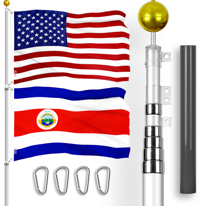G128 Combo Pack: 25 Ft Telescoping Aluminum Flagpole (Silver) & American and Costa Rica Flags 3x5 Ft, Both ToughWeave Series Embroidered Polyester | Pole with Flags Included