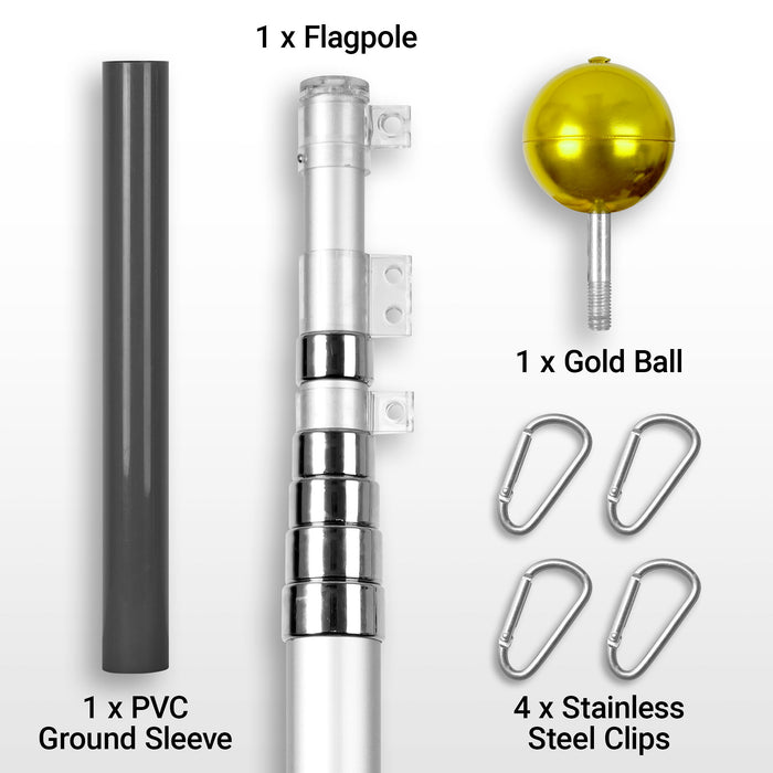 G128 Combo Pack: 25 Ft Telescoping Aluminum Flagpole (Silver) & American and Florida Flags 3x5 Ft, Both ToughWeave Series Embroidered Polyester | Pole with Flags Included