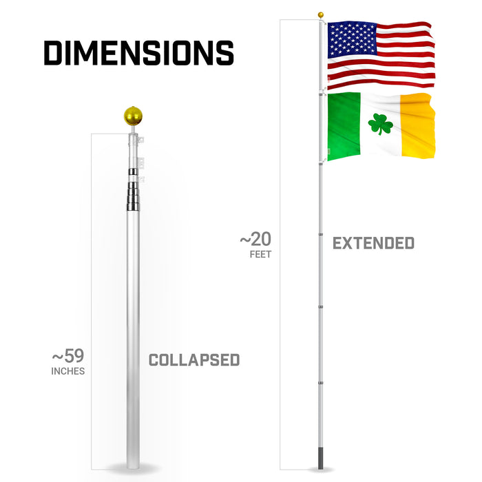 G128 Combo Pack: 20 Ft Telescoping Aluminum Flagpole (Silver) & American and Ireland Shamrock Flags 3x5 Ft, Both ToughWeave Series Embroidered Polyester | Pole with Flags Included