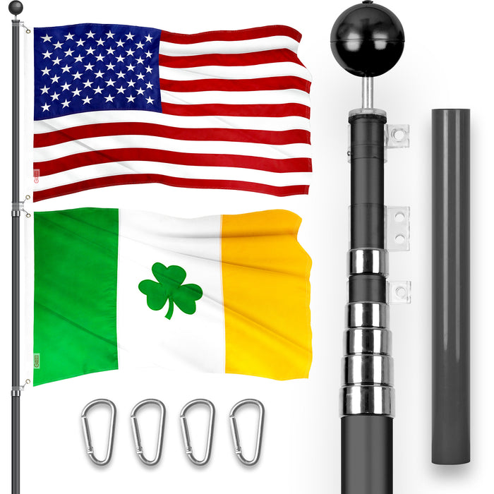 G128 Combo Pack: 25 Ft Telescoping Aluminum Flagpole (Black) & American and Ireland Shamrock Flags 3x5 Ft, Both ToughWeave Series Embroidered Polyester | Pole with Flags Included