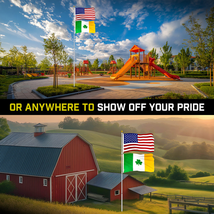 G128 Combo Pack: 20 Ft Telescoping Aluminum Flagpole (Silver) & American and Ireland Shamrock Flags 3x5 Ft, Both ToughWeave Series Embroidered Polyester | Pole with Flags Included