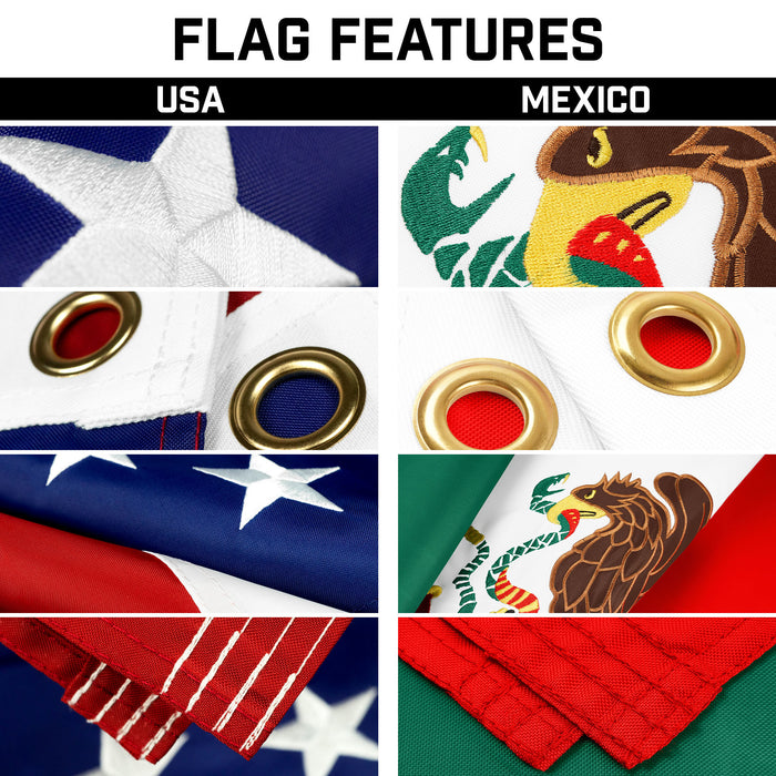 G128 Combo Pack: 20 Ft Telescoping Aluminum Flagpole (Silver) & American and Mexico Flags 3x5 Ft, Both ToughWeave Series Embroidered Polyester | Pole with Flags Included
