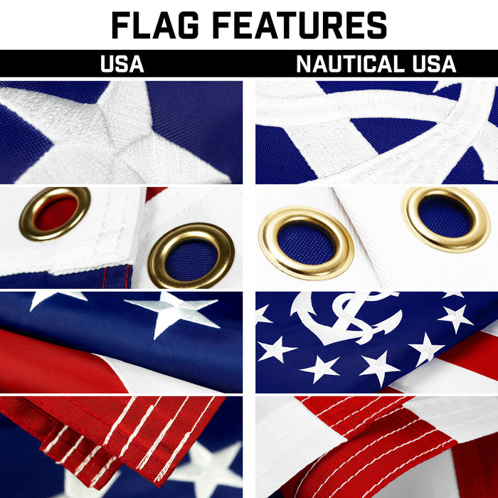 G128 Combo Pack: 25 Ft Telescoping Aluminum Flagpole (Black) & American and USA Yacht Ensign Flags 3x5 Ft, Both ToughWeave Series Embroidered Polyester | Pole with Flags Included