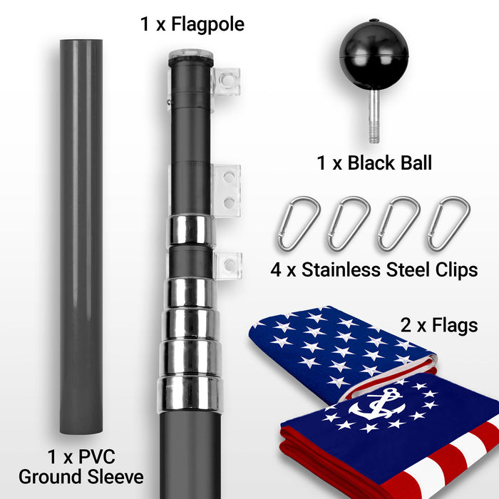G128 Combo Pack: 25 Ft Telescoping Aluminum Flagpole (Black) & American and USA Yacht Ensign Flags 3x5 Ft, Both ToughWeave Series Embroidered Polyester | Pole with Flags Included