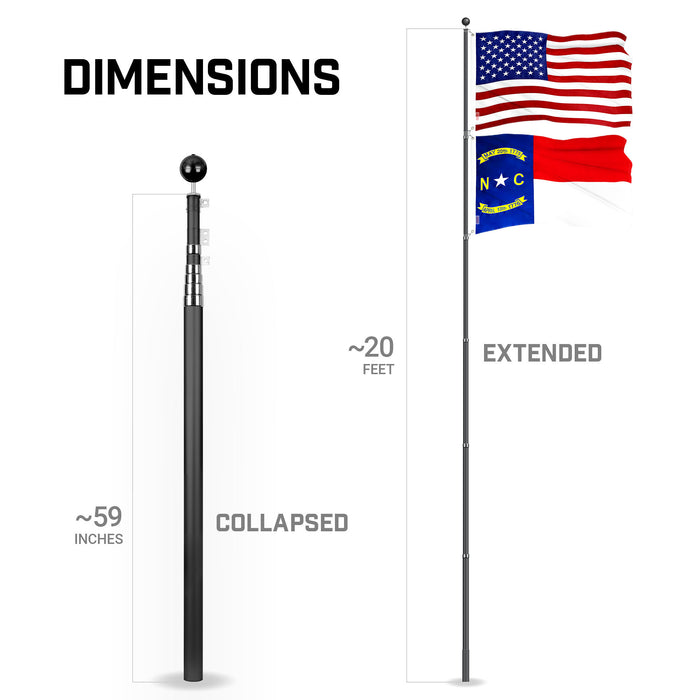G128 Combo Pack: 20 Ft Telescoping Aluminum Flagpole (Black) & American and North Carolina Flags 3x5 Ft, Both ToughWeave Series Embroidered Polyester | Pole with Flags Included