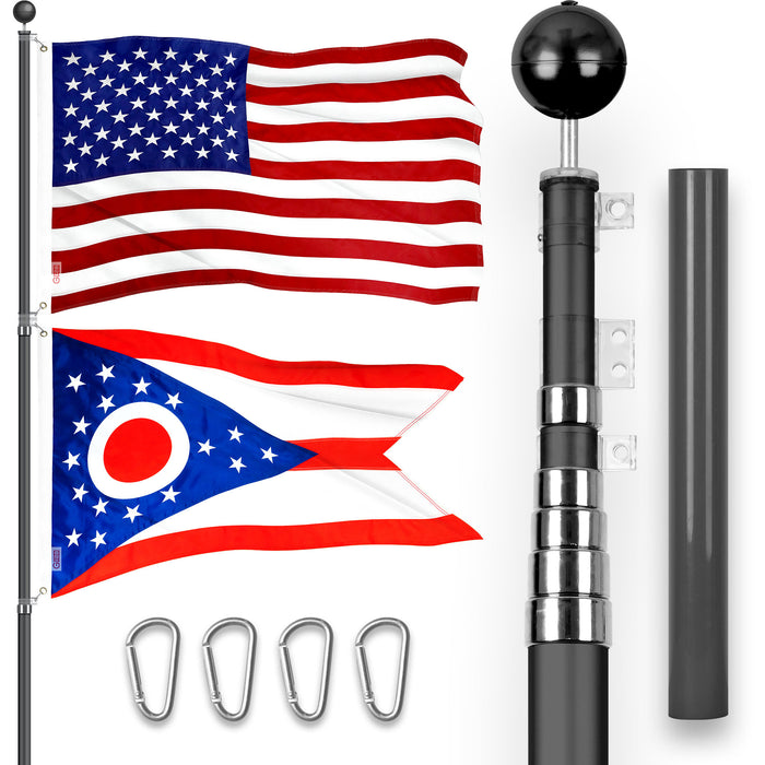 G128 Combo Pack: 25 Ft Telescoping Aluminum Flagpole (Black) & American and Ohio Flags 3x5 Ft, Both ToughWeave Series Embroidered Polyester | Pole with Flags Included