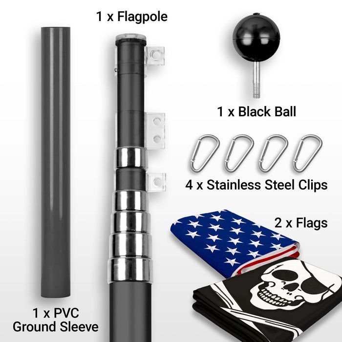 G128 Combo Pack: 25 Ft Telescoping Aluminum Flagpole (Black) & American and Pirate Jolly Roger Bones Flags 3x5 Ft, Both ToughWeave Series Embroidered Polyester | Pole with Flags Included