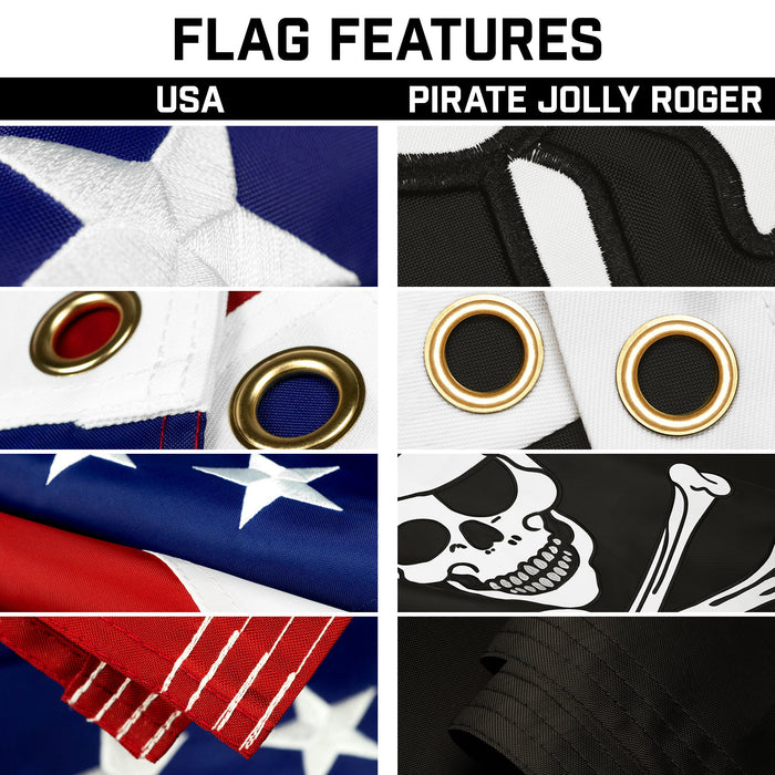 G128 Combo Pack: 25 Ft Telescoping Aluminum Flagpole (Black) & American and Pirate Jolly Roger Bones Flags 3x5 Ft, Both ToughWeave Series Embroidered Polyester | Pole with Flags Included