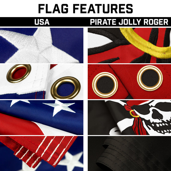 G128 Combo Pack: 20 Ft Telescoping Aluminum Flagpole (Black) & American and Pirate Jolly Roger Head Scarf Flags 3x5 Ft, Both ToughWeave Series Embroidered Polyester | Pole with Flags Included