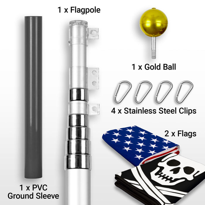 G128 Combo Pack: 25 Ft Telescoping Aluminum Flagpole (Silver) & American and Pirate Jolly Roger Swords Flags 3x5 Ft, Both ToughWeave Series Embroidered Polyester | Pole with Flags Included