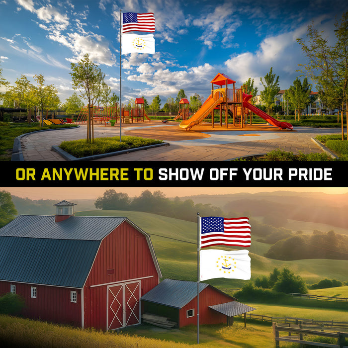G128 Combo Pack: 25 Ft Telescoping Aluminum Flagpole (Black) & American and Rhode Island No Golden Border Flags 3x5 Ft, Both ToughWeave Series Embroidered Polyester | Pole with Flags Included