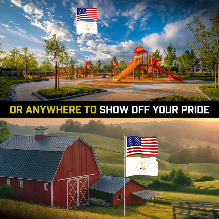 G128 Combo Pack: 20 Ft Telescoping Aluminum Flagpole (Silver) & American and Rhode Island No Golden Border Flags 3x5 Ft, Both ToughWeave Series Embroidered Polyester | Pole with Flags Included
