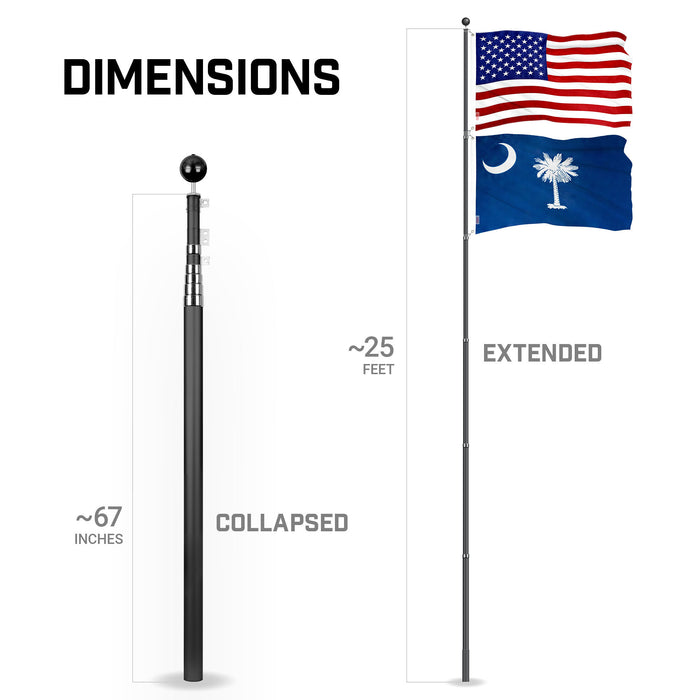 G128 Combo Pack: 25 Ft Telescoping Aluminum Flagpole (Black) & American and South Carolina Flags 3x5 Ft, Both ToughWeave Series Embroidered Polyester | Pole with Flags Included
