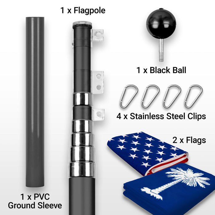 G128 Combo Pack: 25 Ft Telescoping Aluminum Flagpole (Black) & American and South Carolina Flags 3x5 Ft, Both ToughWeave Series Embroidered Polyester | Pole with Flags Included